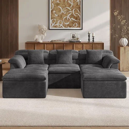Vista 15 de Sofá modular de 111.8 pulgadas con otomana, sofá de nube sin hueso con asiento profundo, cómodos sofás de pana en forma de U para sala de estar,