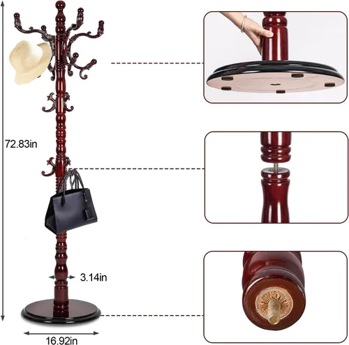 Vista 10 de Percheros de madera independiente de caoba para árboles, color negro y rojo