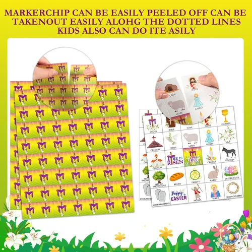 Vista 3 de Shappy Juego de 39 tarjetas de bingo de Pascua para niños y adultos, 28 jugadores, He is Risen, juego de fiesta, tarjetas de bingo bíblicas