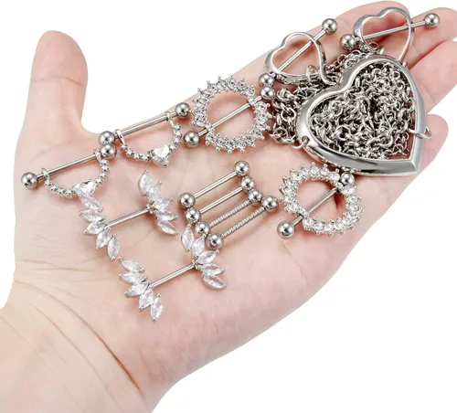 Vista 6 de Vqoxaggi - Piercing para pezón de acero quirúrgico de 14 G para mujer, con gargantilla, collar de corazón, pezón, barra de piercing para pezón