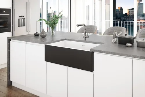 Vista 4 de Ruvati RVL4018RBW - Fregadero de cocina de drenaje compensado de arcilla refractaria de 30 pulgadas en blanco y negro