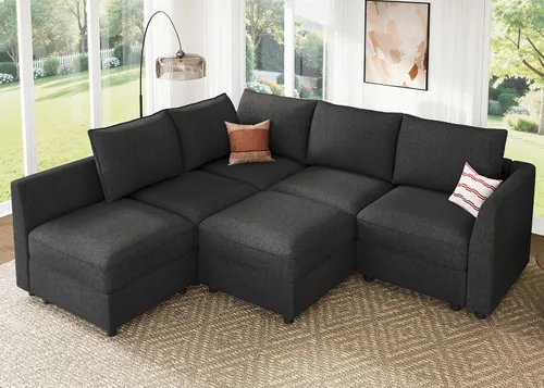Vista 24 de HONBAY Sofá seccional modular con almacenamiento en forma de L sofá seccional, sofás convertibles para sala de estar - verde