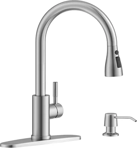 Vista 9 de APPASO Grifo de cocina dorado con dispensador de jabón, grifos de fregadero de acero inoxidable S304 de una sola manija con rociador desplegable