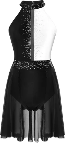 Vista 3 de FEESHOW Women Shiny Rhinestone Lyrical Dance Dress Backless Leotard Dresses Figure Skating Dance Costume E90#negro y blanco