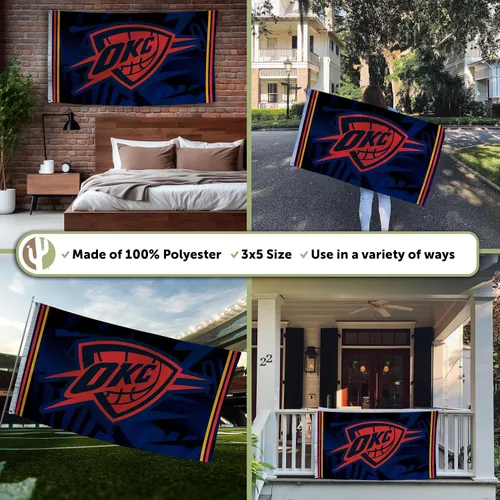 Vista 3 de Desert Cactus Bandera del trueno de la ciudad de Oklahoma NBA 100% poliéster para interiores y exteriores, OKC, 3 x 5 pies, banderas