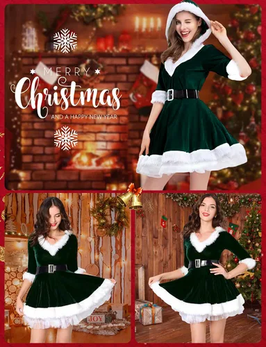 Vista 2 de FEOYA Disfraz de Papá Noel para mujer para celebraciones festivas con sombrero de capa