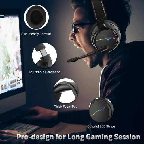 Vista 6 de Jeecoo Auriculares USB Pro Gaming para PC 71 de sonido envolvente con micrófono con cancelación de ruido almohadillas de espuma de memoria luces