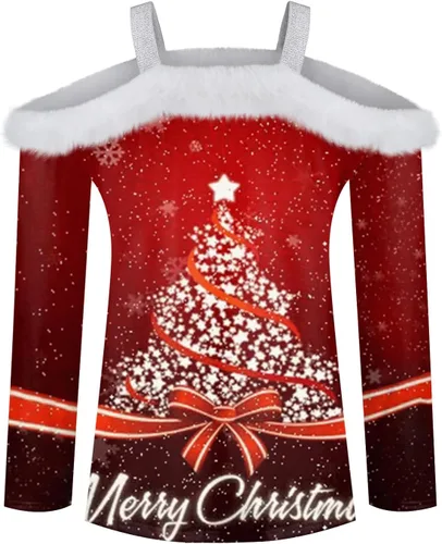 Vista 3 de Camiseta de manga larga para mujer, con divertido estampado navideño y cuello de felpa, hombros descubiertos, sexy, de manga larga, para Navidad
