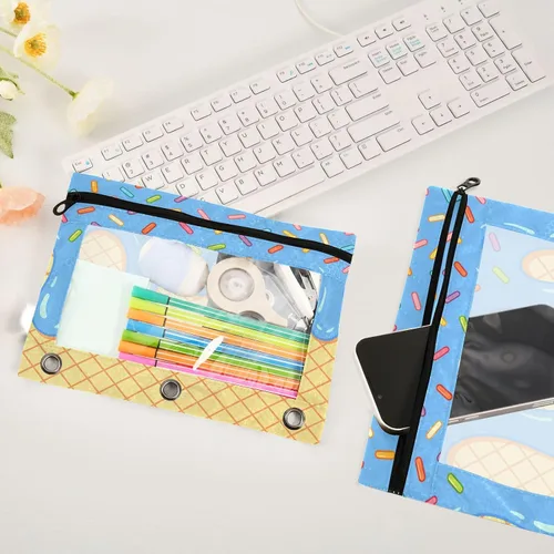 Vista 5 de Estuche para lápices de helado azul para 3 bolsillos para carpetas de anillos, bolsa transparente para lápices con cremallera suave, estuche rojo