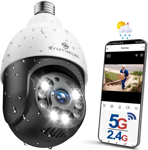 Vista 10 de SYMYNELEC Bombilla de luz para cámara de seguridad al aire libre impermeable 2.5K, enchufe de luz WiFi inalámbrico de 2.4GHz con detección de Solo