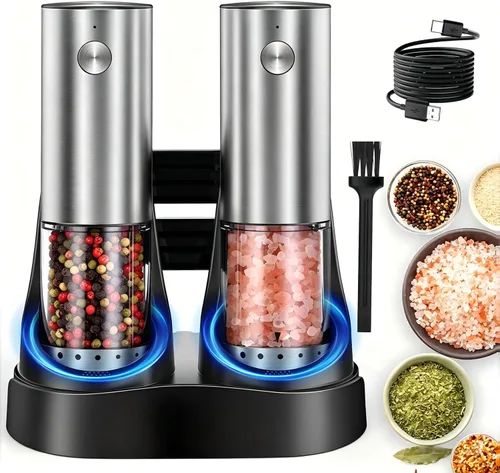 Vista 10 de Molinillo de sal y pimienta eléctrico por gravedad, molinillo de pimienta automático, recargable por USB, grosor ajustable, operación con una sola