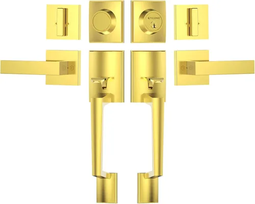 Vista 23 de TICONN Juego de manijas para puerta delantera doble, palanca de puerta cuadrada de servicio pesado y combo de cerrojo de cilindro único para puertas