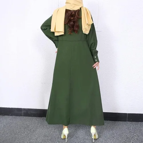 Vista 6 de Vestido largo de lino de algodón para mujer, de manga larga, con botones lisos, cuello redondo, para otoño, casual, hasta el tobillo