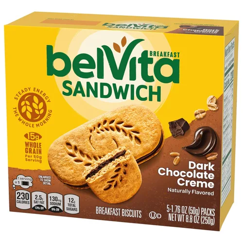 Vista 5 de belVita Sándwiches de galletas de barra de desayuno, crema de chocolate negro, 30 paquetes en total, 6 cajas (2 galletas por paquete)