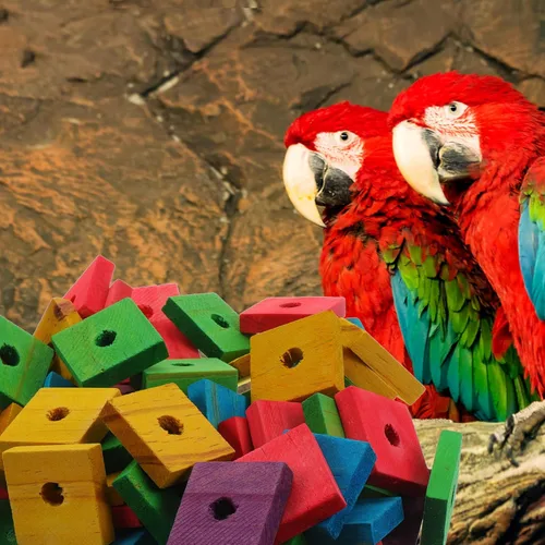 Vista 6 de 100 piezas de madera bloques de loro juguetes pájaro loro jaula piezas para bricolaje jugar masticar trituración