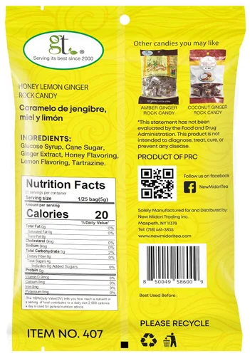 Vista 2 de GT Honey Lemon Ginger Rock Candy, bolsa de 4.41 onzas, 1 paquete