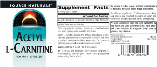 Vista 4 de Source Naturals Acetil L-carnitina, 500 mg, 30 tabletas