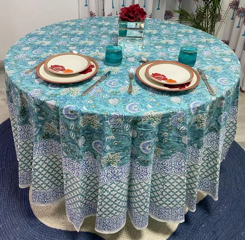 Vista 52 de Mantel redondo con estampado de bloque a mano, 100% algodón, reutilizable, turquesa, verde musgo, 90 pulgadas, mantel decorativo para uso diario