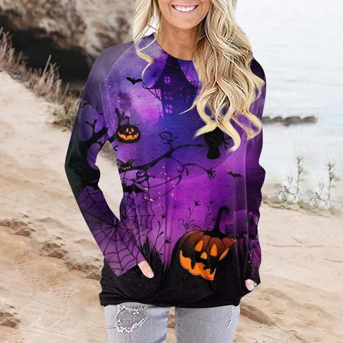 Vista 2 de Yesunpxs Camisas de manga larga para mujer, blusas de cuello redondo, casuales, holgadas, sudaderas con estampado y bolsillo