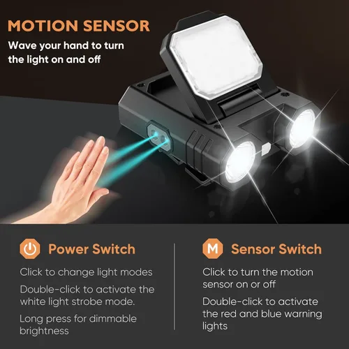 Vista 4 de Luz LED con clip para sombrero de 400 lúmenes, recargable con sensor de movimiento, 180° ajustable, manos libres, linterna frontal para camping
