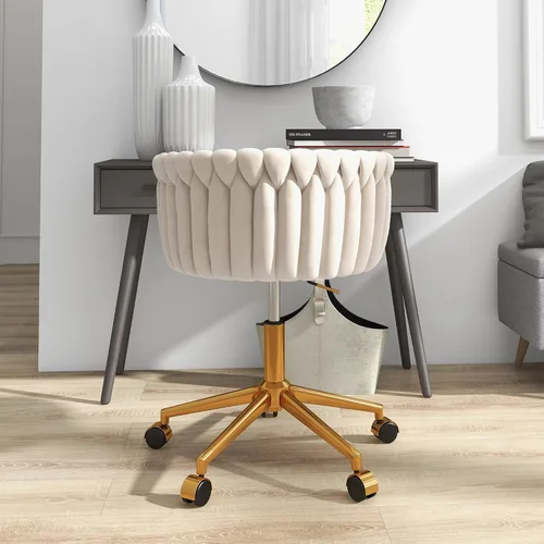 Vista 7 de Silla de escritorio de terciopelo, moderna silla de oficina con ruedas, sillón giratorio de tocador para el hogar con respaldo tejido, asiento