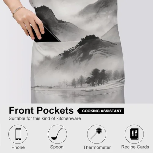 Vista 5 de MUSM Apron for Adults - 27.6 X 31.5 Inch, Heavy-Duty Polyester Aprons with Two Large Pockets, Waterproof Ink Painting Landscape Kitchen Apron for