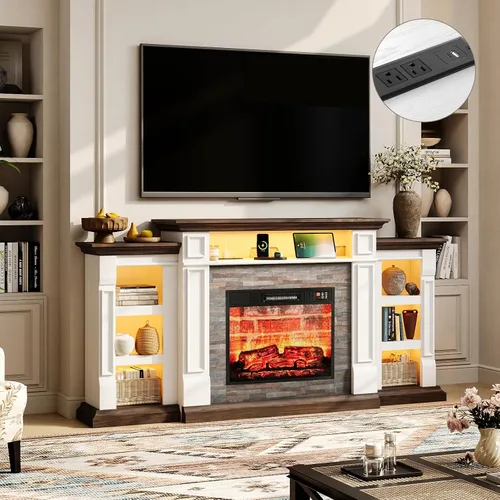 Vista 9 de Soporte de TV con chimenea de 72 pulgadas con toma de corriente y LED, chimenea eléctrica con repisa, centro de entretenimiento con almacenamiento