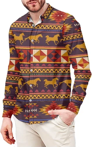 Vista 6 de Camisa azteca con botones para hombre, patrón nativo americano, camisas de manga larga con cuello en V y nación tribal