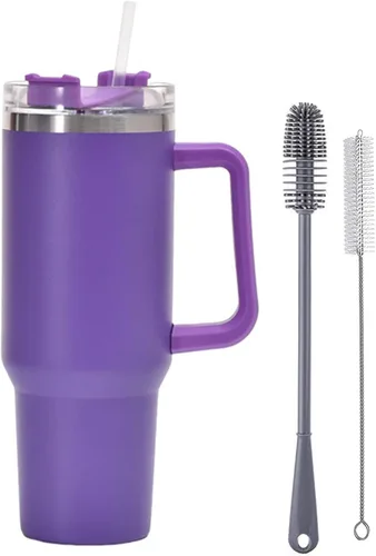 Vista 9 de Botella de agua aislada de acero inoxidable de 40 onzas con tapa con pajilla, vaso aislado al vacío de acero inoxidable con asa, vasos aislados Negro