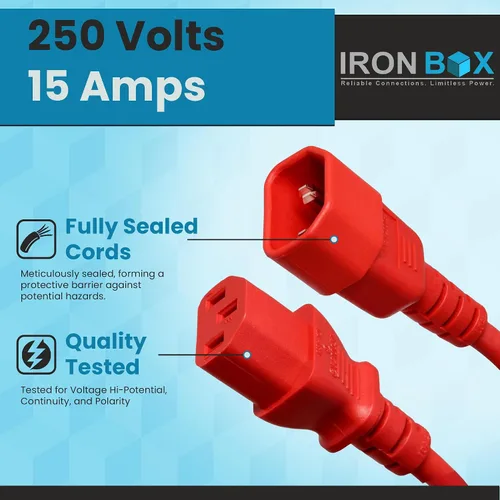 Vista 3 de IronBox Electric - Cable de Alimentación C14 a C13 de Servicio Pesado, 15A, 250V, Cable de Extensión para Computadora 14/3 AWG - Cables