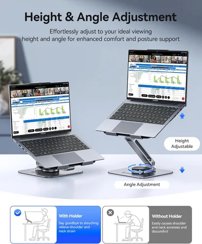 Vista 3 de ORICO Soporte ajustable para laptop con base giratoria de 360°, elevador plegable de aleación de aluminio para computadora de escritorio, compatible
