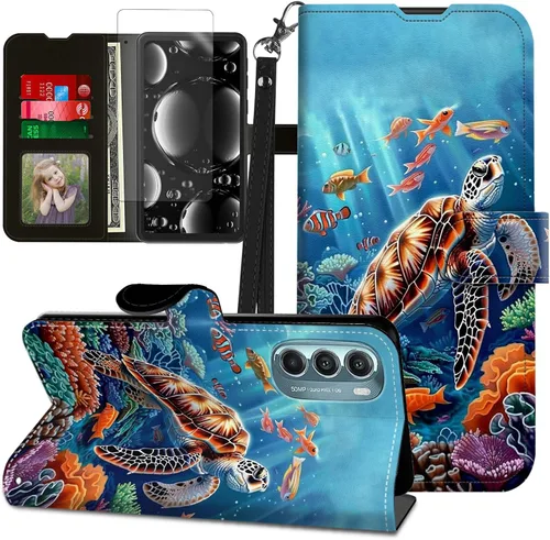 Vista 80 de Funda para Motorola Edge 2022 con protector de pantalla, soporte y tarjetero y correa para la muñeca, funda magnética para Moto Edge 2022 5G UW Lobo