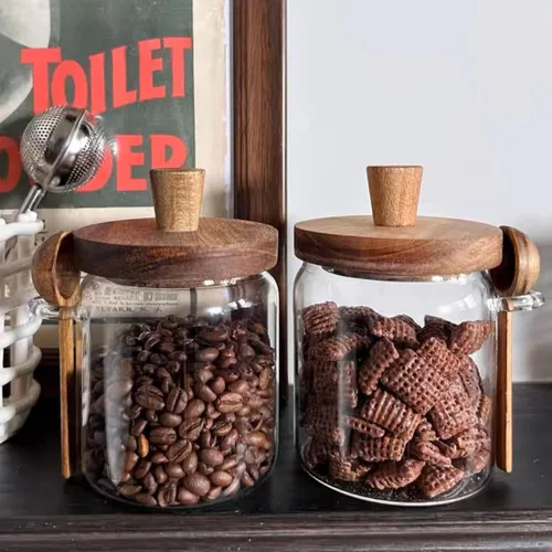 Vista 6 de ANSQU Tarro de vidrio con tapa y cuchara de madera, recipientes de almacenamiento de alimentos, tarro de café, recipiente de almacenamiento