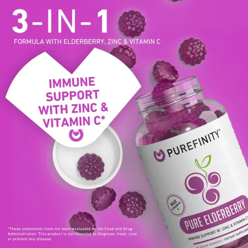 Vista 2 de PUREFINITY Gomitas de saúco con sambucus, vitamina C y zinc, tu suplemento diario perfecto 3 en 1 para niños y adultos, sin gluten, sin OMG
