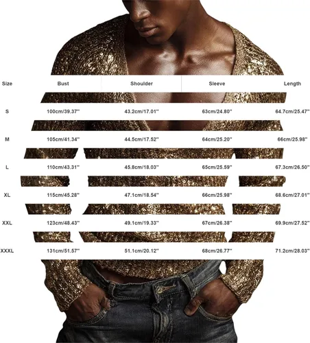 Vista 5 de Sequin Shirt for Men, Long Sleeve Deep V Neck, Shiny Sheer Top for Nightclub and Party