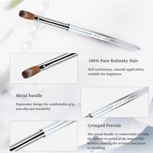 Vista 3 de Cepillo de uñas acrílico 100% Kolinsky, tamaño 8, cepillo acrílico para uñas Split-Resistant & Durable Bristles, Superior Acrylic Powder