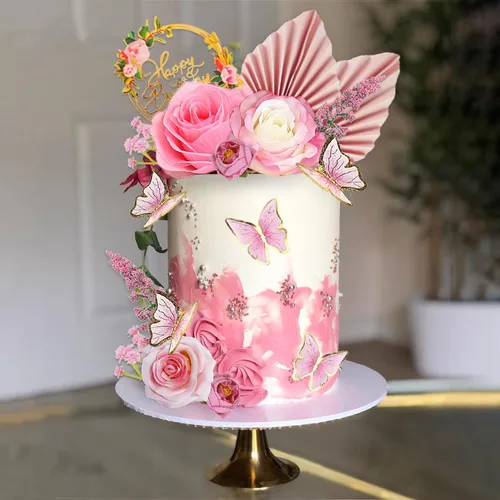 Vista 3 de 17 PCS Adornos para Tartas de Flores Estilo Boho Decoraciones de Pastel de Mariposa con Rosas Artificiales Claras Eucalipto para Suministros de Boda