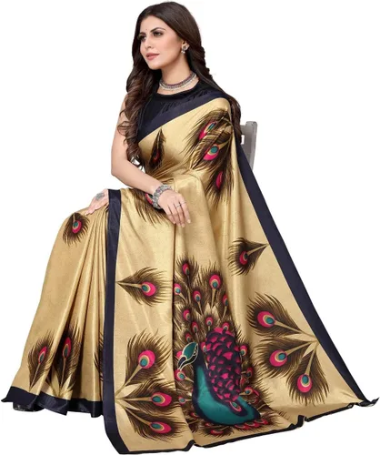 Vista 2 de Mithila Root Sari de seda con estampado de pavo real indio para mujer, estilo casual, con blusa sin coser