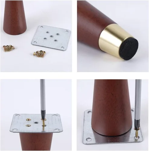 Vista 7 de Patas de madera de roble maciza, patas de sofá cónicas, patas de repuesto para mesa de café, patas de armario, funda de cobre, con accesorios