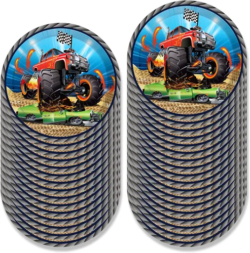 Vista 5 de OXYLIPO Paquete de 24 platos de papel de postre Monster Truck de 9 pulgadas, platos redondos desechables para automóvil, platos de fiesta, baby