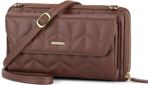 Vista 9 de nuoku Cartera RFID para Mujer Monedero Muñequera Bandolera Clutch con Cremallera Perimetral 2 Correas Negro