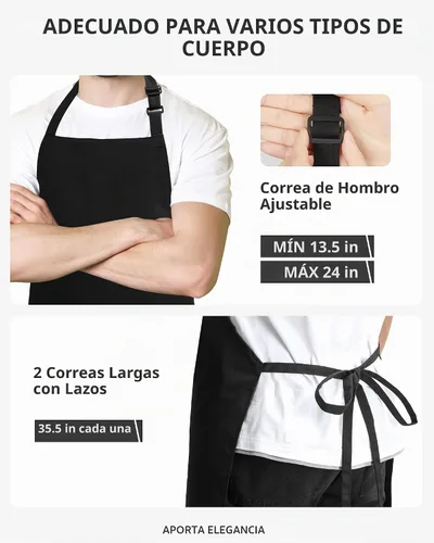 Vista 4 de Syntus Delantal de chef para hombres y mujeres, delantal de cocina con bolsillos, delantales ajustables resistentes a las manchas Negro