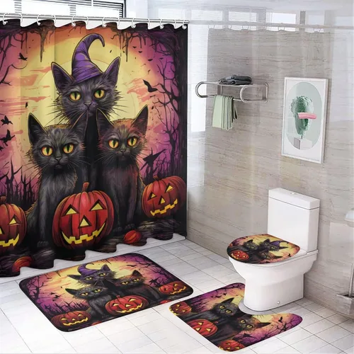 Vista 10 de Juego de 4 cortinas de ducha de Halloween, gato negro, luna llena, calabaza aterradora, cortina de ducha y alfombras, juego de cortina de ducha