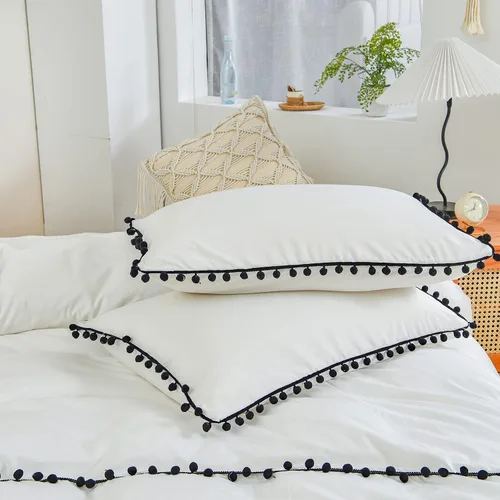 Vista 4 de Juego de funda de edredón de 3 piezas con pompones, color blanco, juego de ropa de cama color negro con flecos de pompones, bohemio, bohemio Pompón