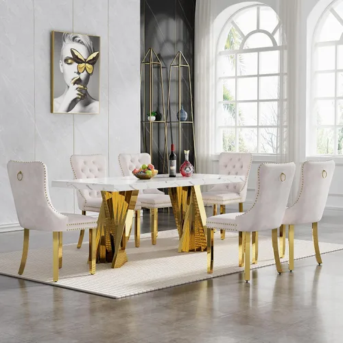 Vista 49 de HomVent - Juego de mesa de comedor de mármol sintético de 68 pulgadas con 4 sillas de terciopelo para cocina Modern Rectangular Faux Marble