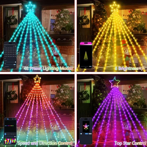 Vista 6 de Vigdur Decoración de Árbol de Navidad de 16.4 Pies - 315 LEDs Luces de Árbol en Cascada de Estrellas Personalizables con Control Remoto