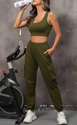 Vista 4 de FUPHINE Women's Two Piece Outfit Sleeveless Crop Tops with Cargo Pants Active Tracksuit Lounge Wear