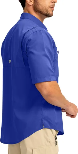 Vista 3 de Camisas de pesca para hombre con bolsillos con cremallera, UPF 50+, ligeras, frescas, de manga corta, con botones, para hombre, casual, senderismo