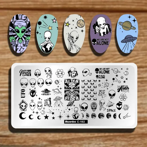 Vista 12 de Placas de sello de uñas de dinosaurios alienígenas, placa de estampación de uñas de estrella, luna, unicornio, gato, caballo, animales de dibujos
