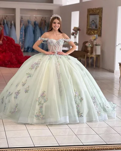 Vista 5 de Zhangyo Dulce 15 16 vestidos de quinceañera fuera del hombro vestido de bola hinchado con tren flores 3D vestido de fiesta de cumpleaños